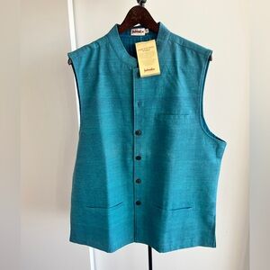 NWT Fabindia Teal Sleeveless Nehru Jacket 100% Khadi Cotton handwoven lined L